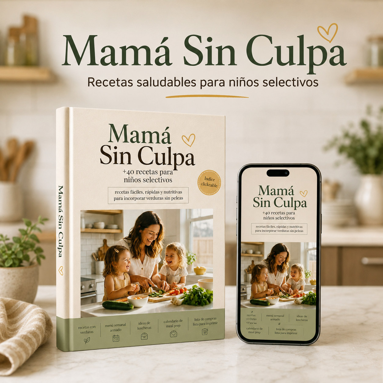 Recetario Mamá Sin Culpa en formato libro y celular sobre una mesada de cocina